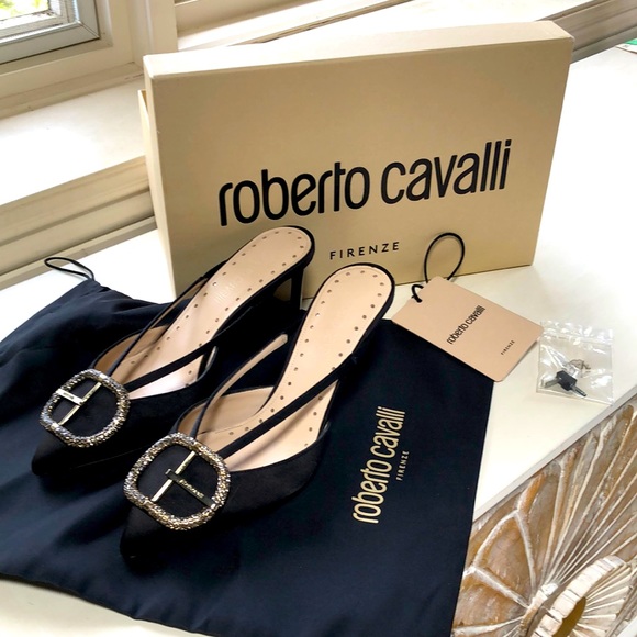 Roberto Cavalli Shoes - Roberto Cavalli black satin and crystal kitten heel mule slides